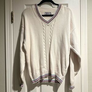 Vintage Cream Cable Knit Striped V Neck Cotton Sweater Women’s Size Large